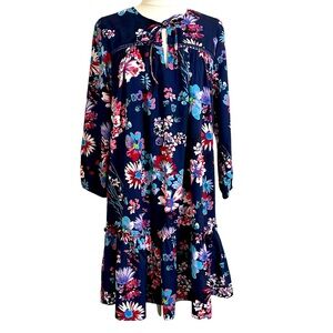 PHILOSOPHY Women’s Blue Floral Print Long Sleeve Ruffle Bottom Dress Medium